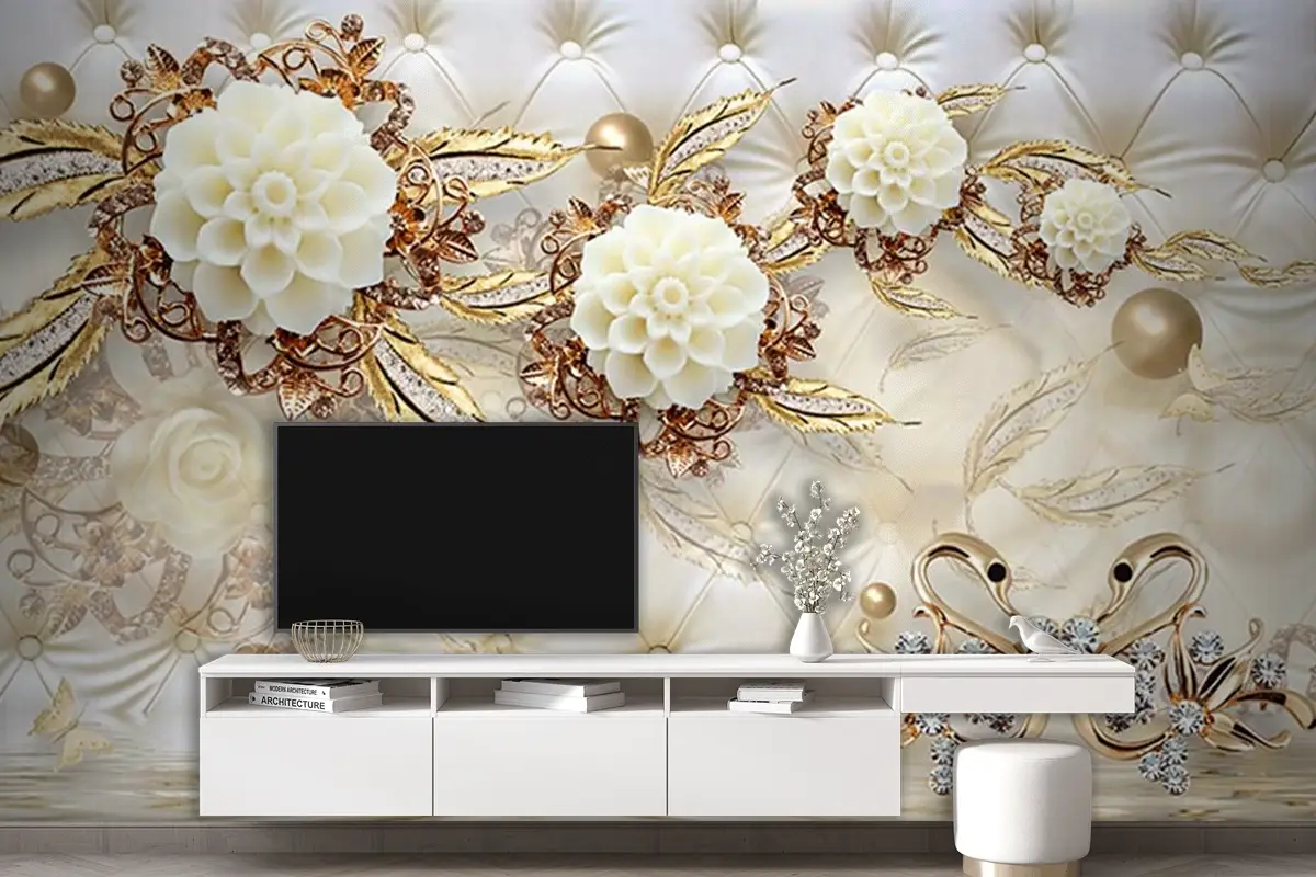 3 Boyutlu Tv Arkası Gold Çiçekler 3 Boyutlu Tv Arkası Gold Çiçekler