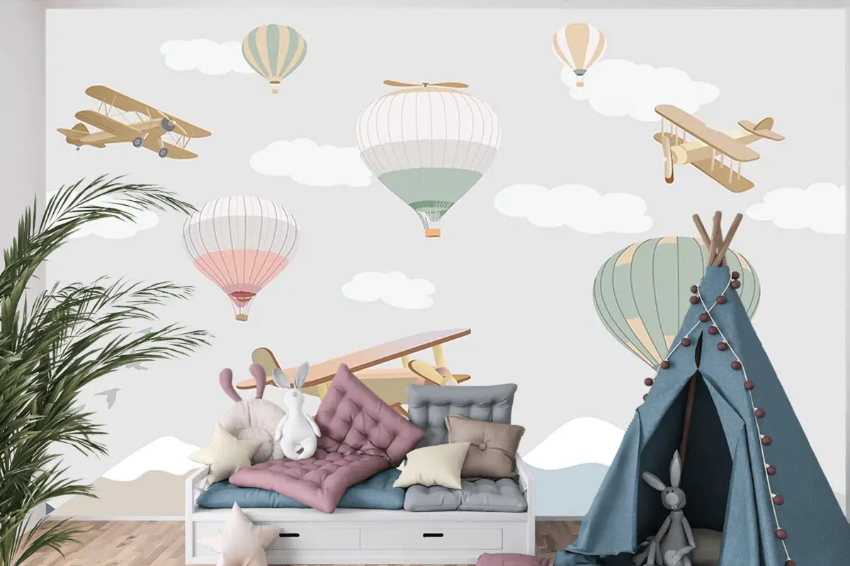 Çocuk Odası Duvar Kağıdı Bulutlar Üzerinde Uçaklar Ve Uçan Balonlar Çocuk Odası Duvar Kağıdı Bulutlar Üzerinde Uçaklar Ve Uçan Balonlar