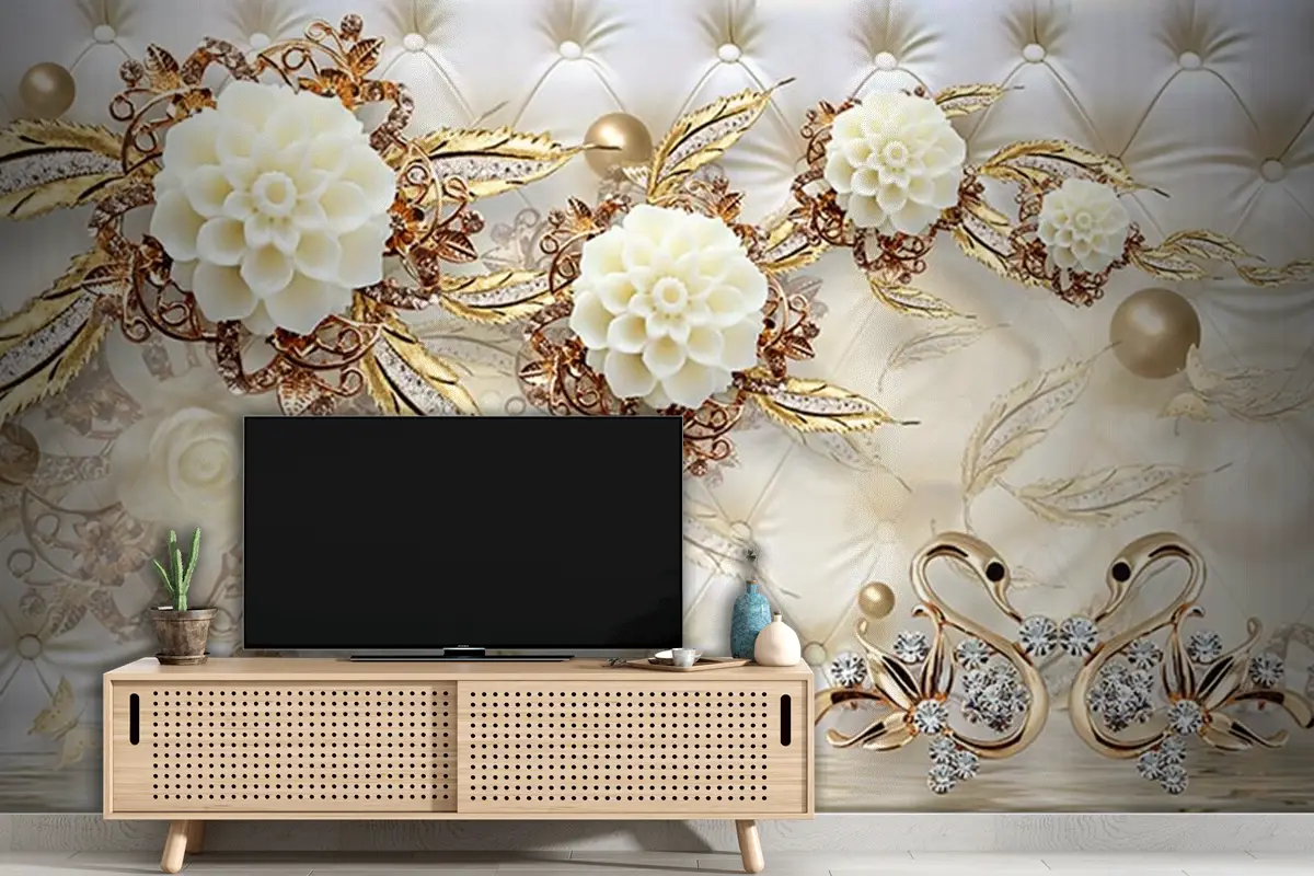 3 Boyutlu Tv Arkası Gold Çiçekler 3 Boyutlu Tv Arkası Gold Çiçekler