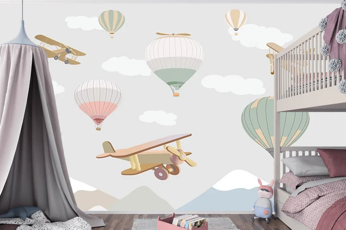 Çocuk Odası Duvar Kağıdı Bulutlar Üzerinde Uçaklar Ve Uçan Balonlar Çocuk Odası Duvar Kağıdı Bulutlar Üzerinde Uçaklar Ve Uçan Balonlar