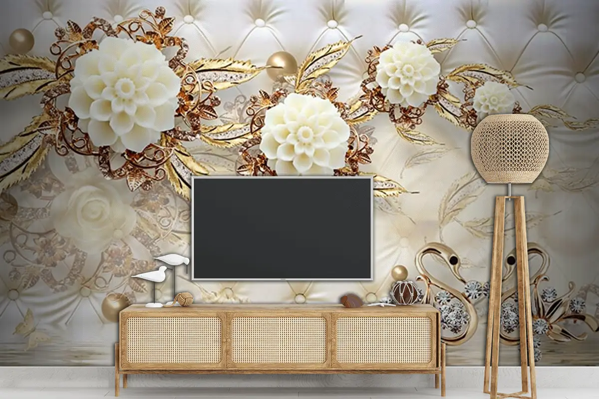 3 Boyutlu Tv Arkası Gold Çiçekler 3 Boyutlu Tv Arkası Gold Çiçekler