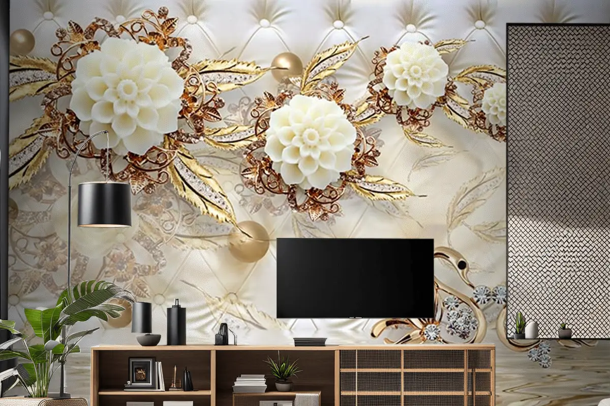 3 Boyutlu Tv Arkası Gold Çiçekler 3 Boyutlu Tv Arkası Gold Çiçekler